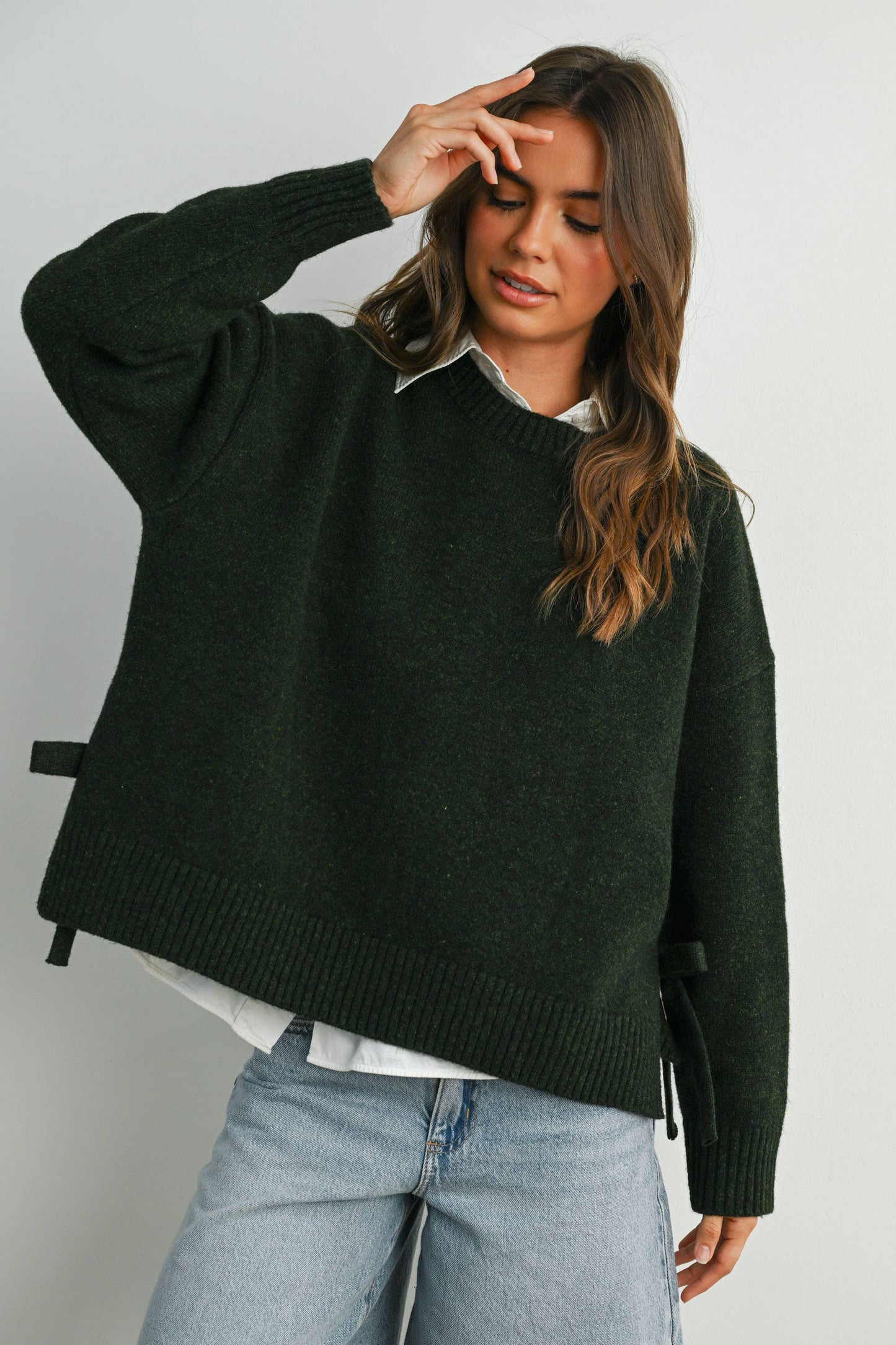 Tie Split-Hem Crewneck Long Sleeve Top