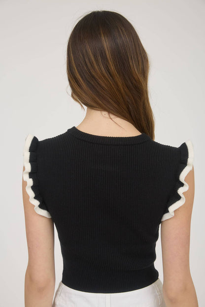 CONTRAST RUFFLE SLEEVE SWEATER KNIT TOP