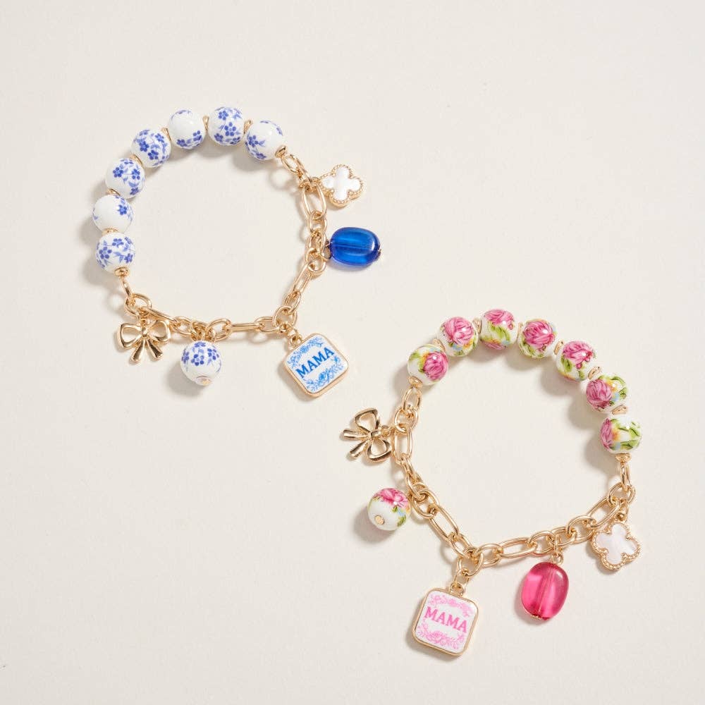 7.25 Inch Ceramic Floral Bead Mama Charm Bracelet