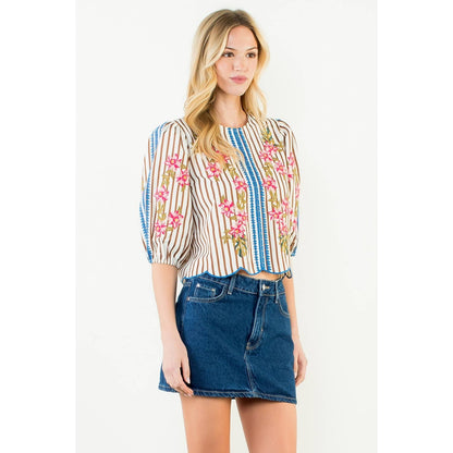 Puff Sleeve Striped Embroidery Detail Top
