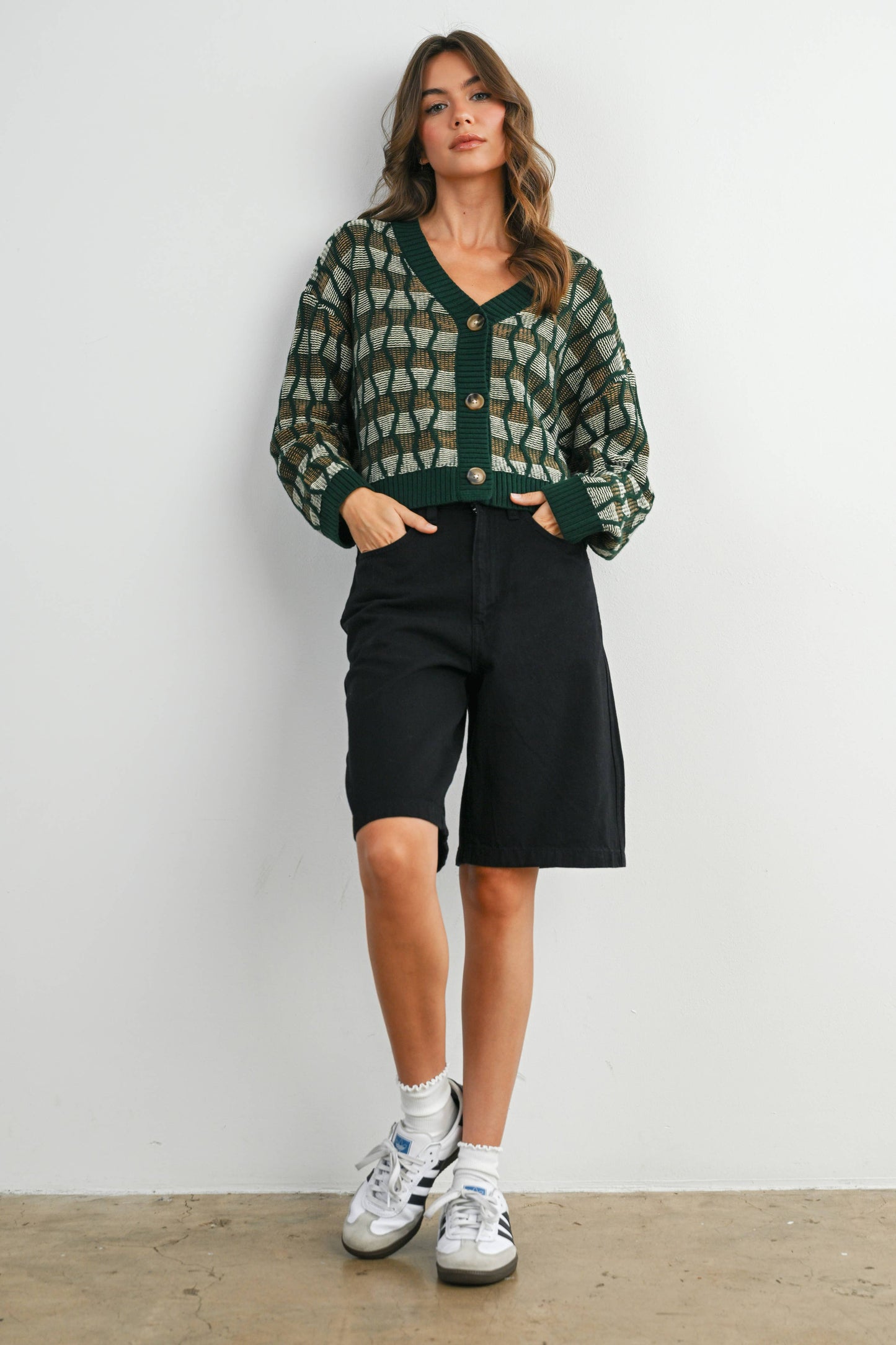 Geometric V-Neck Button-Down Long Sleeve Top