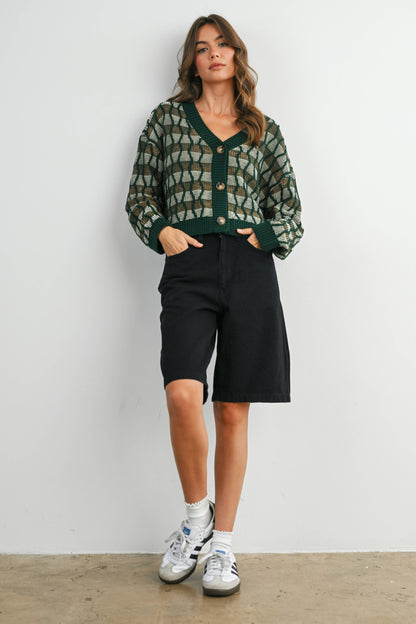 Geometric V-Neck Button-Down Long Sleeve Top