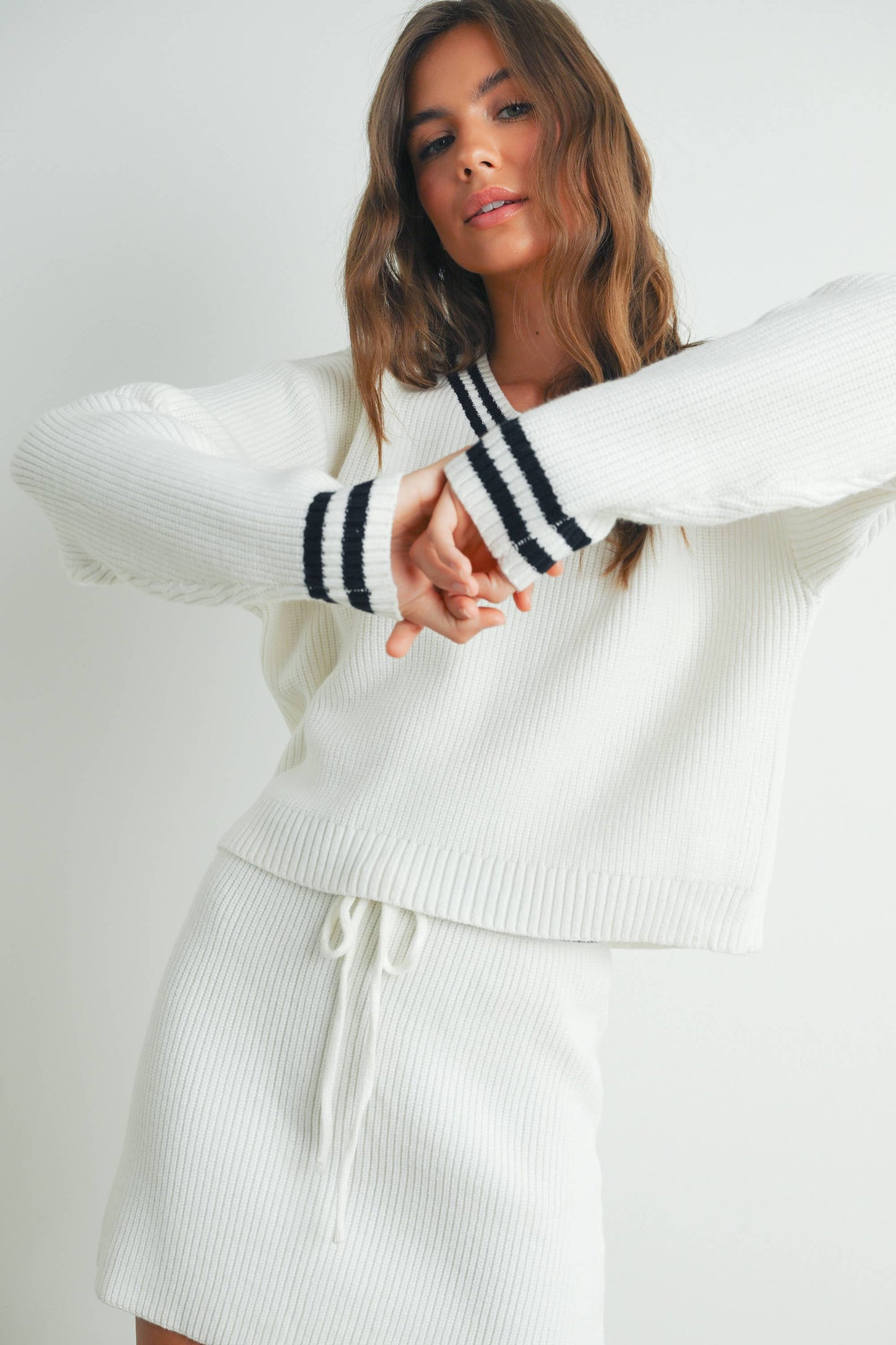 Striped V-Neck and Sleeve Sweater