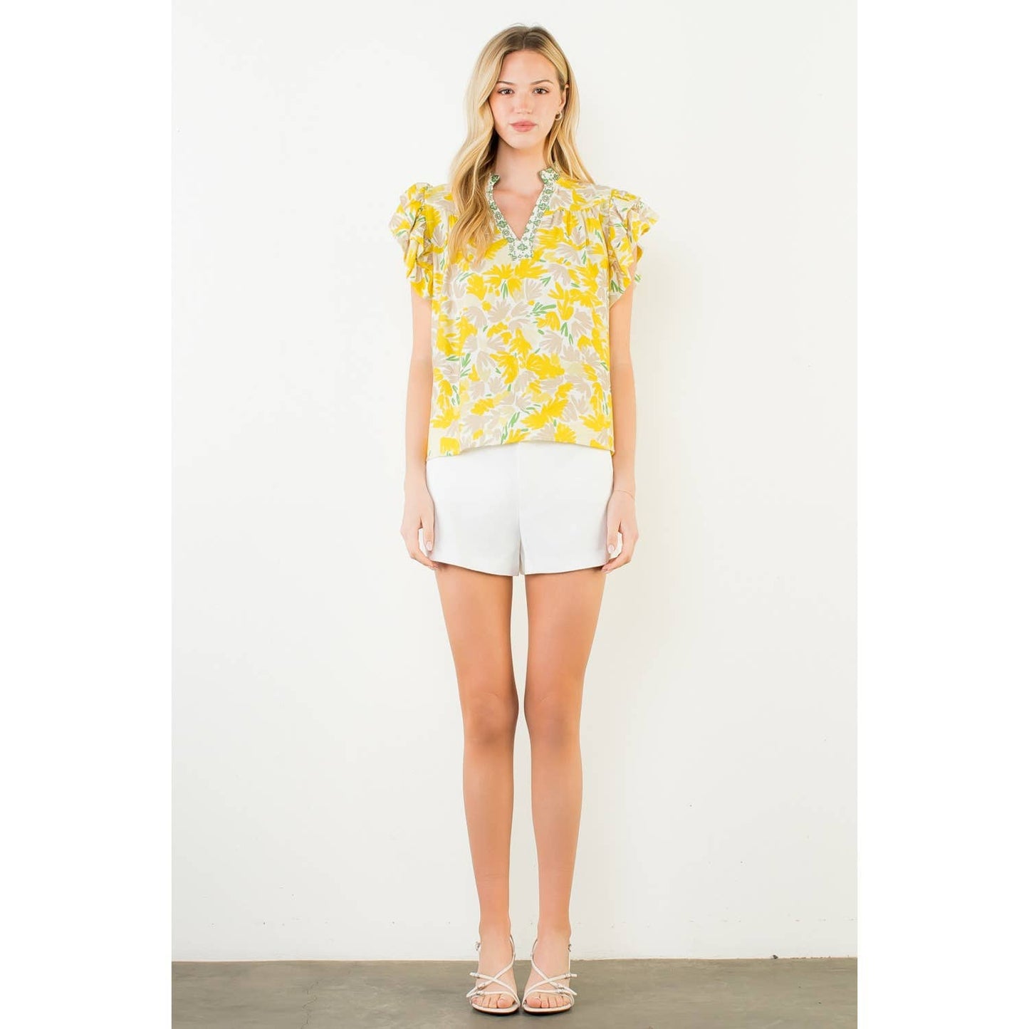 Flowy Sleeve Floral Print V-Neck Top