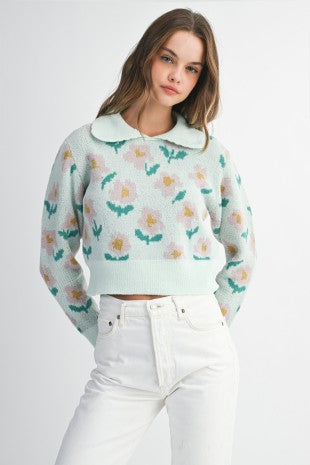 Floral Print Collar Pullover Knit Sweater Top