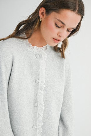 Knit Ruffle Contrast Trim Button Down Cardigan