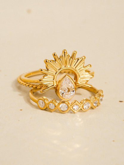 18k Gold Sun Stone Cz Layered Ring
