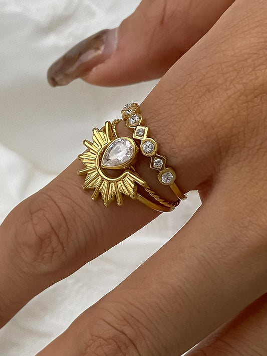 18k Gold Sun Stone Cz Layered Ring