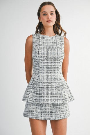 Tweed Sleeveless Peplum Bodice Skirt Layered Dress